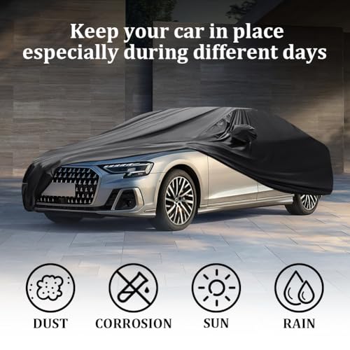 Image of BHIEE Car Cover Waterproof Soft Stretch Full Cover All Weather Protection for Indoor and Outdoor, Underground Garage, Car Showroom, Black, Fit up to 193 inch-208 inch