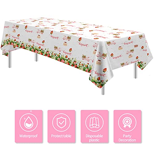 Image of Xigejob Strawberry Party Tablecloth Decorations, Disposable Summer Fruit Berry Sweet Theme Strawberry Table Cover for Birthday Baby Shower,3 Pack, 54in x 108in