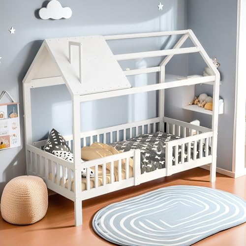 FEEOHOME Letto Cabana Bambino 90 x 200 cm Letto Montessori, letto da Pavimento in Legno Massello con Anti-Caduta barriera e rete a Doghe, Telaio per Letto per Bambini, Bianco