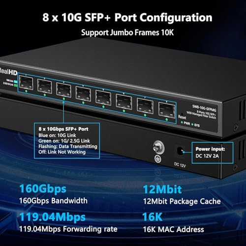 Image of 8 Port 10Gb SFP+ Web Managed Fiber Switch | Multi-Gig 10G-2.5G Adaptive | Fanless | 160G Bandwidth | Jumbo Frames / VLAN / QoS, Only Compatible with TP-Link, Real HD 10G SFP+ Module, NOT Plug & Play 1Gb
