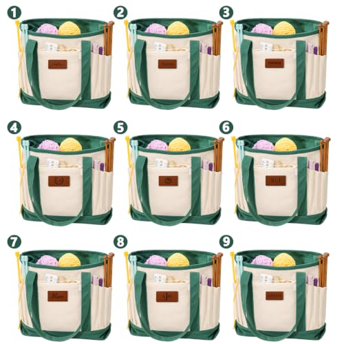 Image of Personalized Crochet Bag with Custom Leather Patch or Embroidered Name, Canvas Knitting Tote for Yarn Storage, Crochet Organizer with Multiple Pockets, Custom Gift for Crocheters & Knitters