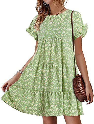 Image of Imysty Womens Boho Floral Ruffle Sleeve Babydoll Loose Flowy Casual Summer Pleated Mini Dress