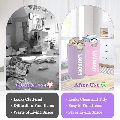Image of 2Pcs 95L Purple + Pink Laundry Basket, Folding Laundry Hampers for Women with Soft Handles, Freestanding Dirty Clothes Basket, Sturdy Oxford Fabric Clothes Hampers for Travel, Dormitory