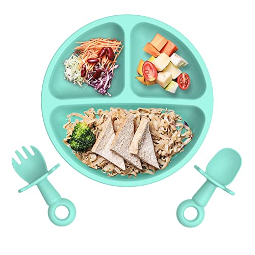 Image of Baby Suction Plate with Self-Feeding Spoon Fork - BPA Free Infant Newborn Utensil Set for Self-Training, Suction Plates for Babies Toddlers, Dishwasher Microwave Safe (Mint)