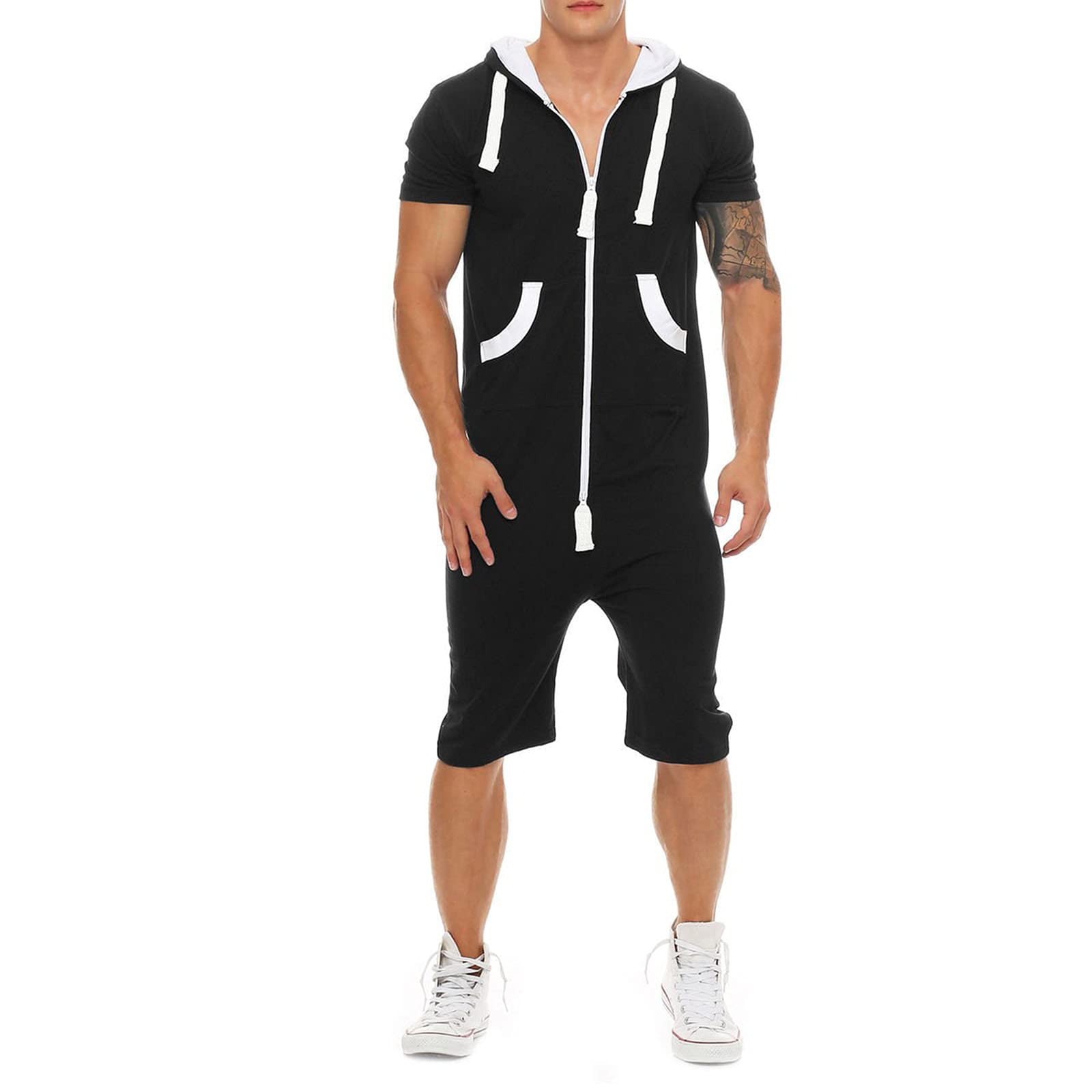 babao Men Printed Short Jumpsuit, Men Hooded Onesie Jumpsuits Pocket Romper Sport Jogging Tracksuit Playsuit Set