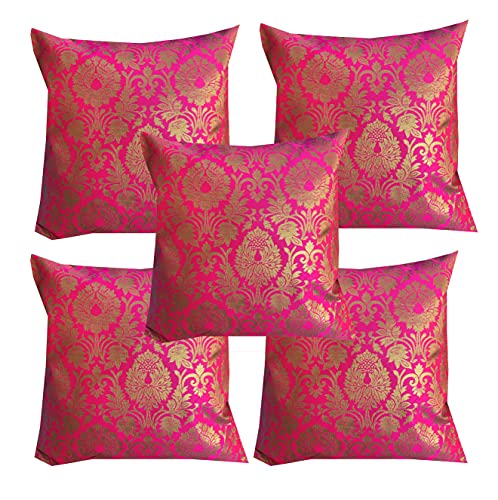 PINK PARROT Dopian Silk Designer 16x16 inch Decorative Throw Pillow Covers/Cushion Covers - Set of 5-Code 002