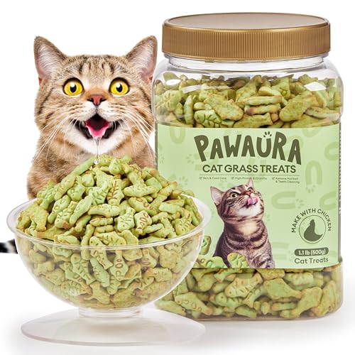 Pawaura 17.63oz Cat Grass Treats for Hairball Control – Natural Chicken & Cat Grass & Catnip Biscuits, Low-Calorie Healthy Snacks for Indoor Cats, Digestive & Dental Care