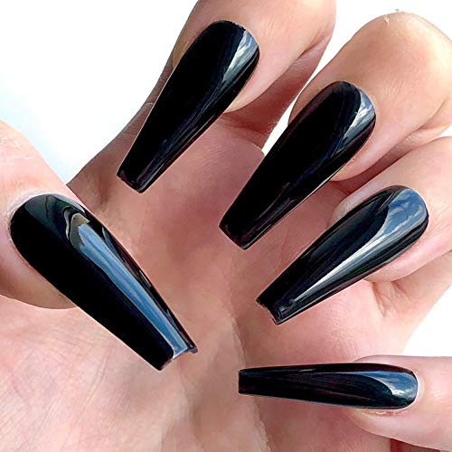 Allkem Black Gloss 2 set bundle | Extra Long Ballerina Press on Nails | Glossy Extra Long Coffin | 10 sizes - 20 pcs false nails full cover Nail kit with Glue