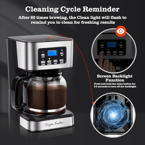 Image of Taylor Swoden 12-Cup Programmable Coffee Maker, Regular & Strong Brew Drip Coffee Machine for Home and Office, Glass Carafe, Pause & Serve, Auto Shut Off, Black & Stainless Steel
