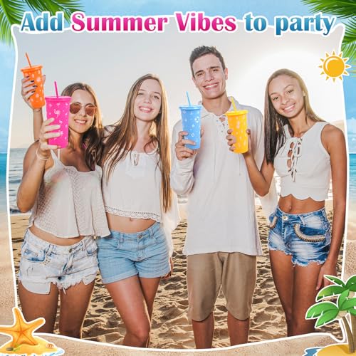 image for VISTARAFT 30PCS 24oz Tropical Party Cups with Lids and Straws – 6 Co