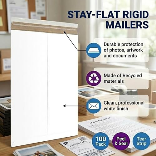 Image of BOX USA Rigid Mailers 9 inch x 12 inch (100-Pack) - Cardboard Mailer Envelopes for Photos, Documents, Prints - Stay Flat