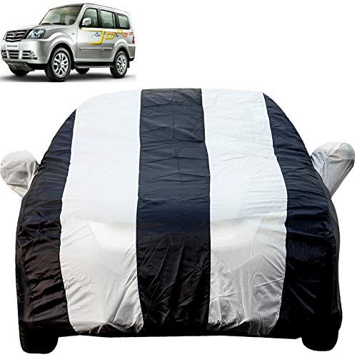 Image of Autofact Car Body Cover with Mirror Pockets Compatible for Tata Sumo (Triple Stitched, Bottom Fully Elastic, White, Blue Color)