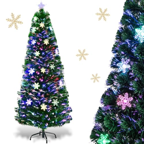 RELAX4LIFE Albero di Natale Artificiale 180cm con Luci in Fibre Ottiche e Addobbi: 1 Stella e 28 Fiocchi di Neve a LED, 220 Rami Folti e Realistici in PVC, Base Pieghevole in Ferro (180 cm)