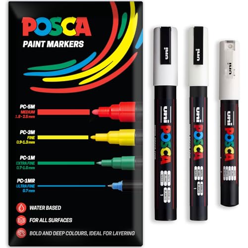 Posca Water Based Acrylic Paint Marker Pens | Multi Surface Use Permanent Paint Pen | Pack of 3 Pens in Envelope Gift Packaging | Glass Fabric Canvas Wood etc | PC-1M PC-3M PC-5M White