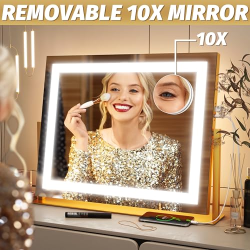 FENNIO Vanity Mirror with Lights 22''x18'' Makeup Mirror with Lights,Lighted Makeup Mirror with 10X Magnification and USB,Smart Touch Screen with 3-Color Lighting,Dimmable(Square Gold)