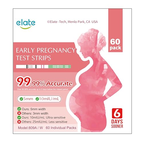Image of Elate Pregnancy Test Strips 60 Count, Early Detection HCG Test, 10 MIU /ml High Sensitivity, 99.99% Accurate Results, 6 Days Sooner, Easy to Use Home Pregnancy Test