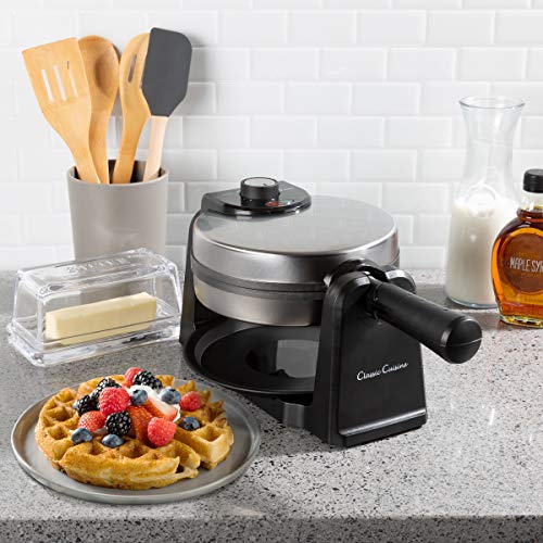 Classic Cuisine 82-KIT1119 Iron-Classic 180 Rotation Flip Waffle Maker with Nonstick Plates, Removable Drip Pan, Folding Handle-Kitchen Accessories