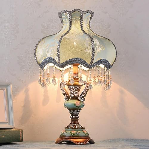 Victorian Style Table Lamp, Antique Fabric Decorative Desk Lamp with Fringe, Floral Bedside Light, European Nightstand Lamp for Bedroom and Living Room