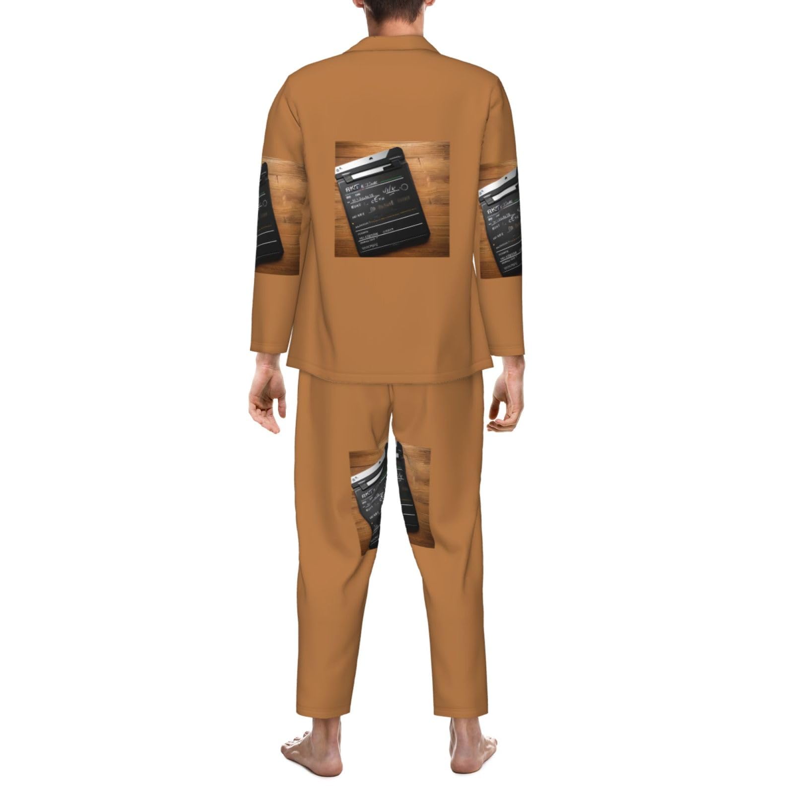 Movies Herren-Pyjama-Set mit Clapperboard-Muster, langärmelig, zweiteilig, Hauskleidung, bequeme Nachtwäsche, Nachtwäsche