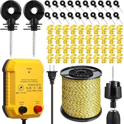 MorningRo Electric Wire Fence Kit 2 Mile 110vac 0.25 J Electric Plug in Fence, 3366 ft Polywire, 40 T Post Insulator, 20 Screw in Insulator for Preventing Animals Intruding, Horse Cattle Pasture
