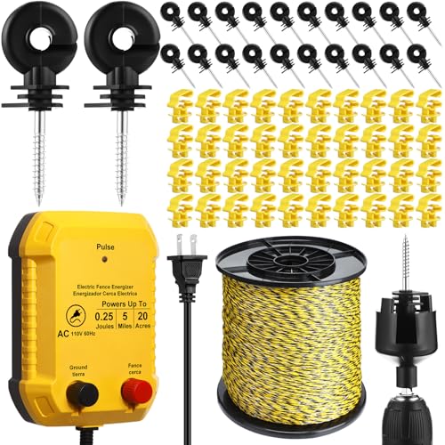MorningRo Electric Wire Fence Kit 5 Mile 110VAC 0.25 J Plug in Fence Charger with 3366 FT Polywire 40 T Post Insulators 20 Screw in Insulators for Pasture Farm Horse Cattle Poultry Fencing