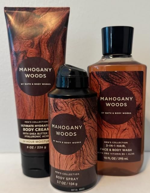 Body Care - BBWs Mahogany Woods Men's Collection Trio Set Body Cream, Body Wash and Body Spray (Packaging may vary)