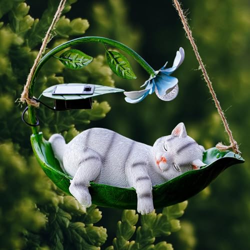 Lampe solaire figurine chat blanc à suspendre idée cadeau déco extérieur - 4