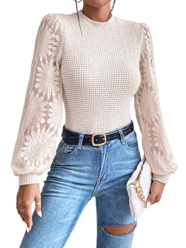 BLENCOT Crochet Tops Women Casual Lace Long Sleeve...
