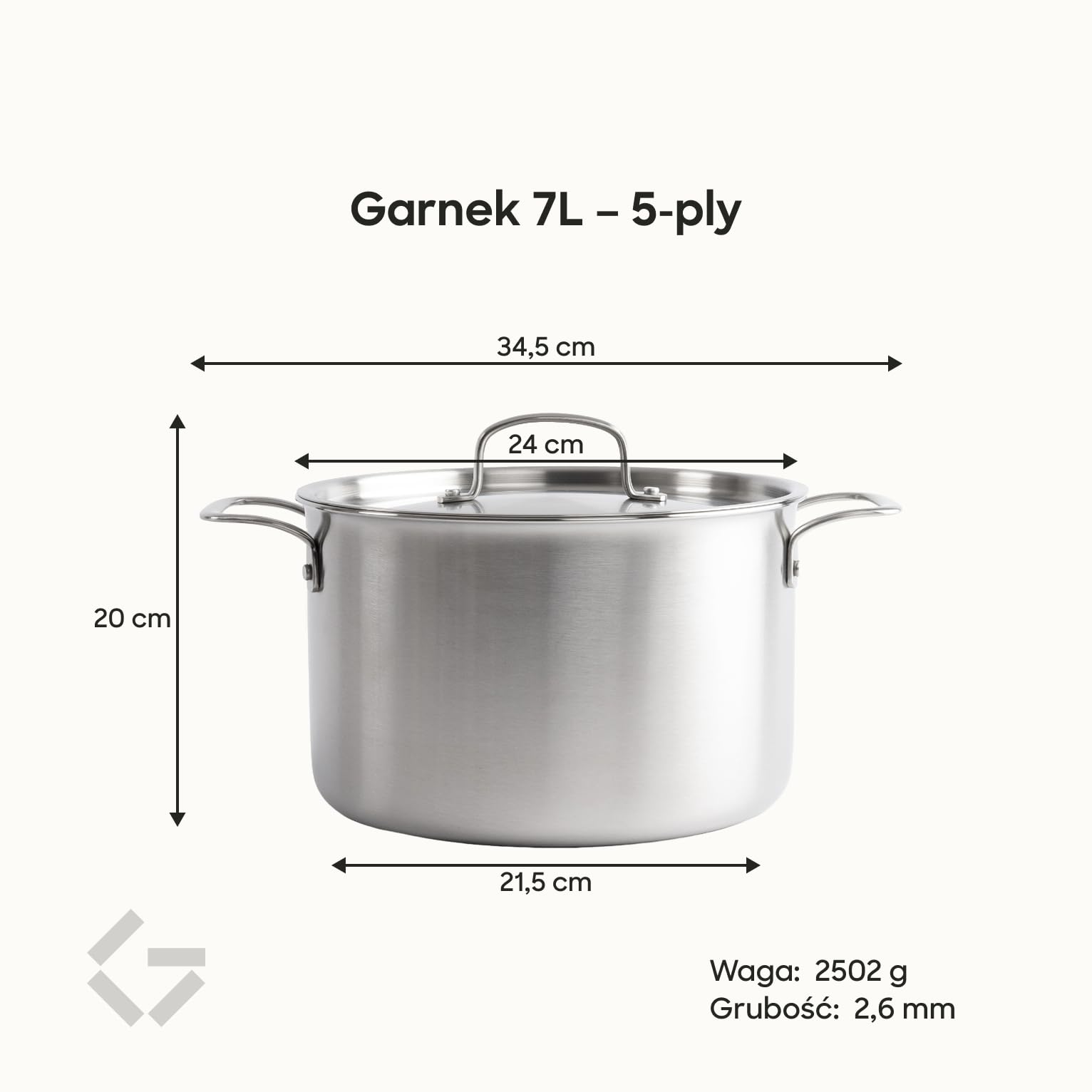 Gastrotools Garnek 7 l 24 cm – 5-warstwowa stal – bez PFAS | Do piekarnika do 300°C • Można myć w zmywarce • Do indukcji i gazu • Równomierne nagrzewanie • Wyprodukowano we Włoszech