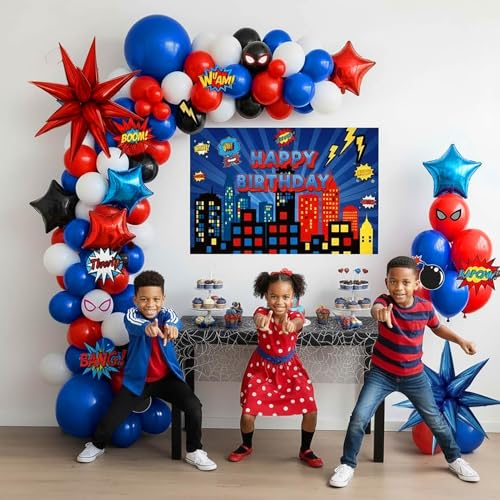 Image of Blue Red Black white Balloon Garland Arch Kit 140PCS with backdrop card stickers Large Starburst mylar balloons for Spider Theme boy birthday Party Man Superhero inspired decorations