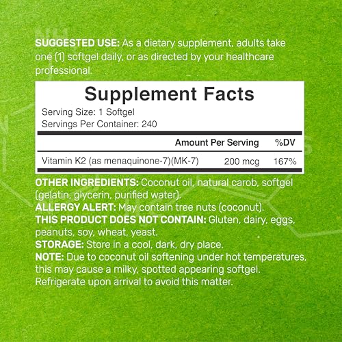 deal supplement vitamin k2 mk-7 200mcg per serving 240 coconut oil softgels  easily absorbed menaquinone-7 form  bone joint amp immune support  non-gmo