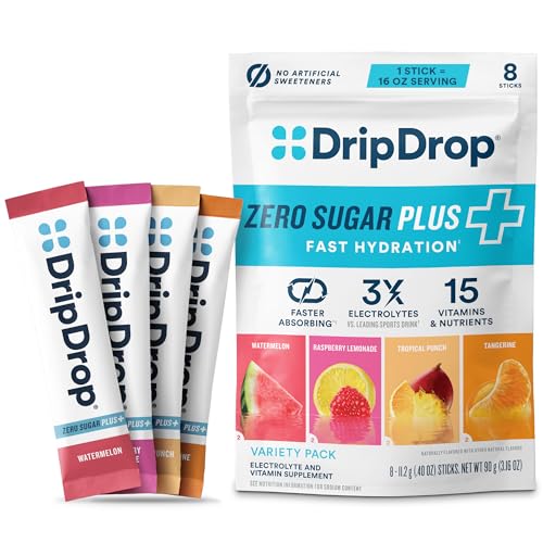 Image of DripDrop Hydration Zero Sugar Plus Electrolyte Packets, Variety Pack, 8 Ct