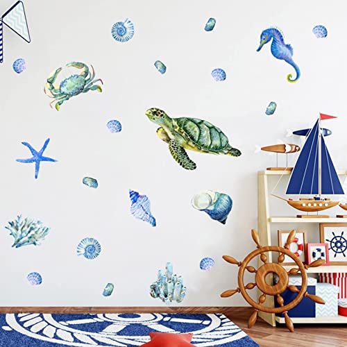Homico Under The Sea Wall Decals Art Ocean Beach Wall Sticker Sea Turtle Wall Stickers Ocean Grass Seaweed Decal Pink Bubbles Vinyl Wall Sticker Sea Crab Conch Starfish Seashell Removable Sticker #TOP6
