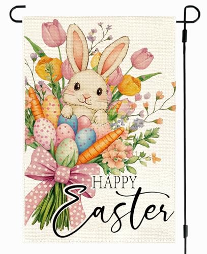 RABUSOFA Happy Easter Floral Garden Flag 12x18 Inch Double Sided Outside, Easter Eggs Bunny Spring Flowers Yard Outdoor Flag Holiday Decoration