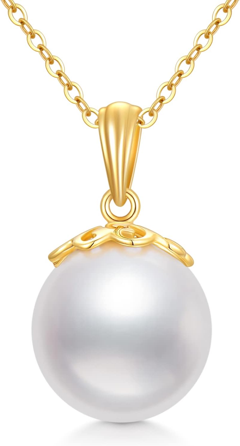 SISGEM 14K Real Gold Pearl Pendant Necklace for Women,Solid Gold 9 MM Freshwater Pearl Necklaces Anniversary Birthday Jewelry Present for Wife Mom Girlfriend 16''+2''