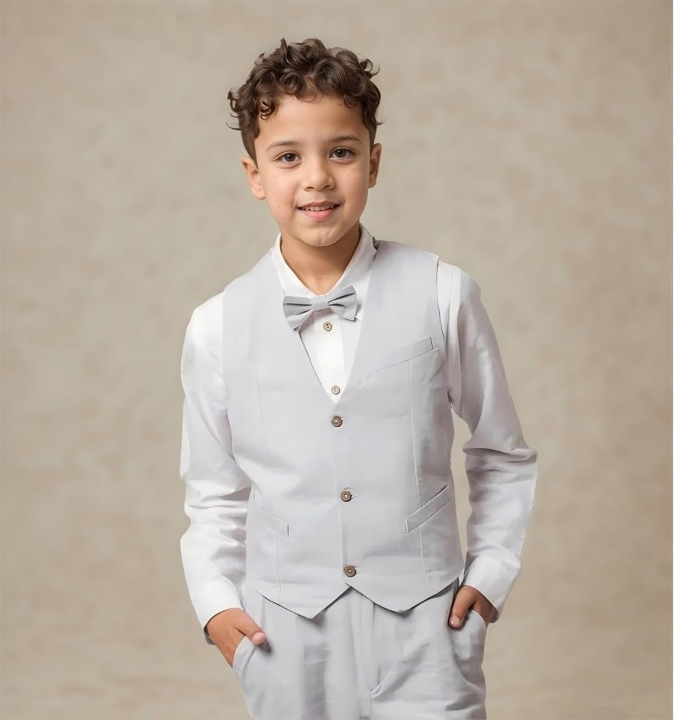 Costume de baptême 3 pièces pour garçons - Smoking pour enfants - Costume de bal de fin d'année - Costume blanc argenté - Costume à carreaux pour garçons - Smoking de mariage