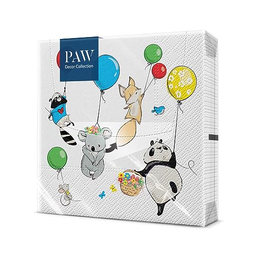 PAW - Serviette Papier 3 Plis (33 x 33 cm) I Lot de 20 I Décorations de Table, Animaux, Ballons. Créées pour les Petits. des Serviettes Parfaites pour les Anniversaires (Animals Party)