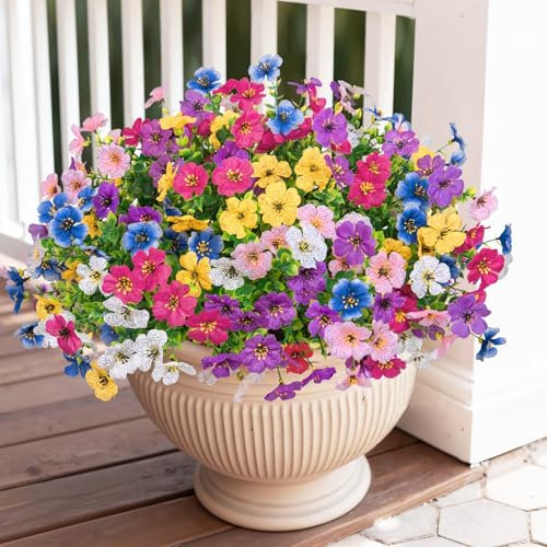 Image of Bassion 24 Bundles Artificial Flowers for Outdoors Fake Flowers, Colorful | UV resistant, silk flowers, realistic faux plants for outdoor planter, window box porch patio garden home outside decor