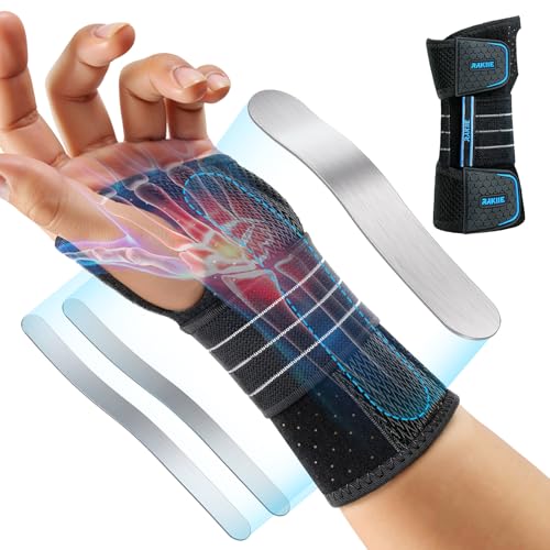 Rakiie Carpal Tunnel Wrist Brace, Adjustable Night Wrist Support with 3 Metal Splints, Hand Brace for Men Women No Pressure on Thumb, Splint Stabilizer for Work, Arthritis (Left Hand, Blue, Small)