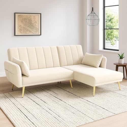 Merax Multifunktionales Ecksofa L-förmiges Schlafsofa mit Schlaffunktion, Chaiselongue austauschbar, geeignet für Wohnzimmer, Schlafzimmer, Heimkino, Gästezimmer (Beige, 191.5 * 130.5 * 80cm)