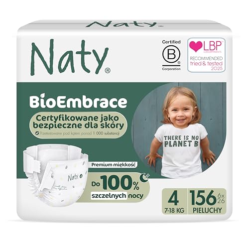 Naty BioEmbrace Pieluchy dla niemowląt | Certyfikowane bezpieczne dla skóry | Ochrona do 100% | Roślinna miękkość | Bez chloru | Rozmiar 4 (7–18 kg), 156 szt