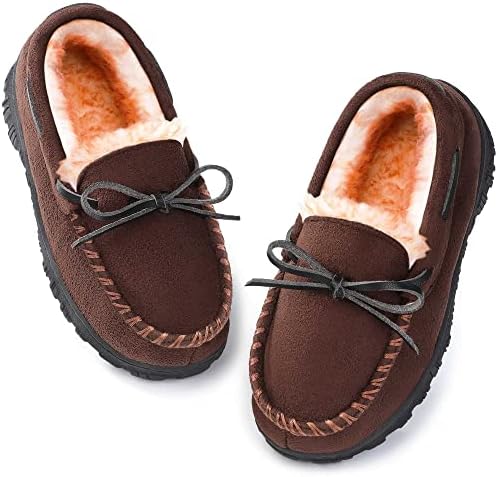 NCCB Kids Slippers for Boys Moccasin Memory Foam Nonslip Winter Warm Shoes Brown Size Big Kid 5
