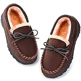 NCCB Kids Slippers for Boys Moccasin Memory Foam Nonslip Winter Warm Shoes Brown Size Big Kid 5