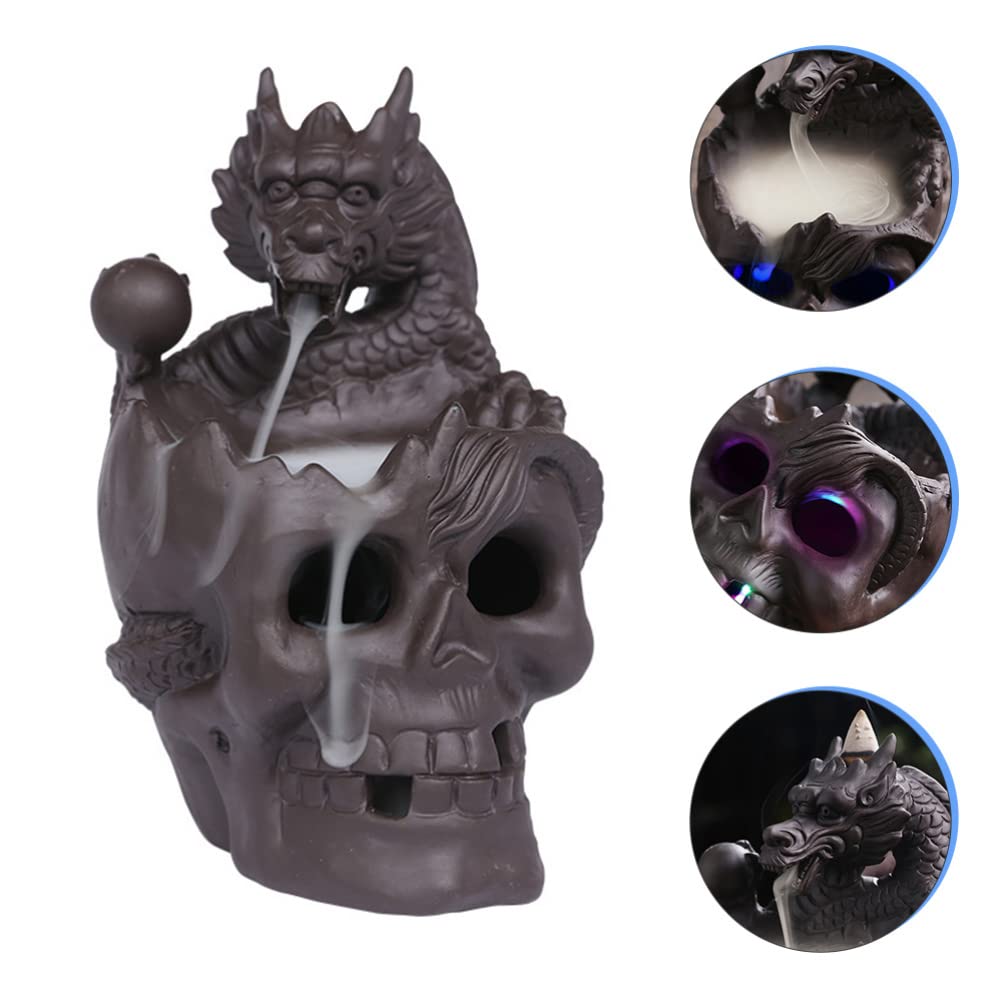 Stainporzellan Totenkopf mit LED Rückfluss Räuchergefäß | Rauchbrunnen Wasserfall, Meditation und Dekoration, Japanische Räucherstäbchen Halter, Sanftes Licht