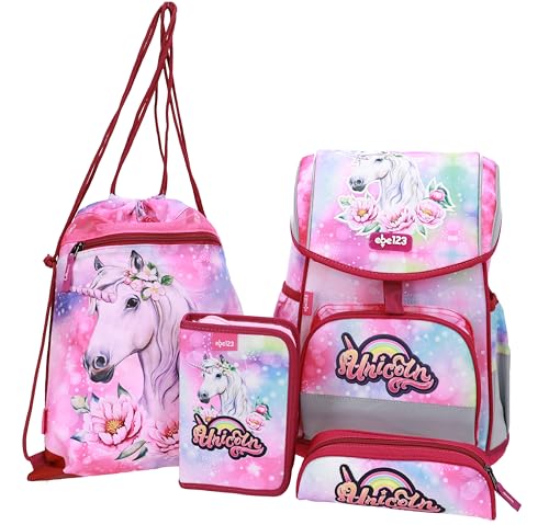 Einhorn Schulranzen Set MÄDCHEN 1 KLASSE | Set 4 TEILIG FÜR GRUNDSCHULE | FIDLOCK | LEICHT | ERGONOMISCH und ANATOMISCH | inkl. Sportbeutel, Federmäppchen, Stifteetui.