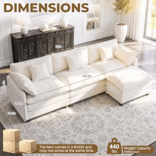 Image of 112 inch L-Shape Modular Sofa with 1 Ottomans, Deep Seat Cloud Convertible Sleeper, 3 Throw 2 Arm Pillows, Comfortable Upholstered Furniture for Living Room Apartment, Beige