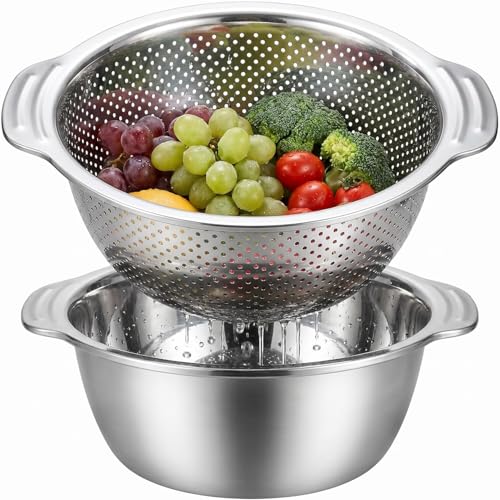 Defaun Colander & Mixing Bowl Set 28cm 2-Piece Stainless Steel Strainer with Handles for Draining Pasta Washing Vegetables Fruits Salad Dough & Food Prep Easy to Clean Space-Saving
