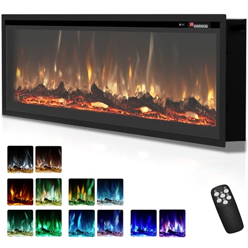 Image of EUHOMY 50 Inch Electric Fireplace Recessed Wall Mounted Freestanding with Remote Control, Ultra-thin Fireplace Heater with Adjustable Flame Color, Linear Fireplace with Timer, Log & Crystal, 750 /1500W