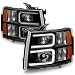 For 2007-13 Chevy Silverado 1500 | 2007-14 2500HD 3500HD LED C-Shape Tube Black Bazel Projector Headlights Pair Set