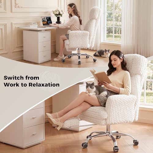 Image of HOMRELEXA Big and Tall Office Chair, Flip Armrests for Pets & Cross Legged Sitting, Executive Ergonomic Computer Gaming Chair with Foot Rest, White Rose Velvet Wide Seat Reclining Desk Chair
